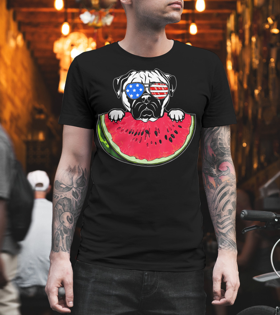 Funny Watermelon Day Pug American Flag Glasses T-Shirt