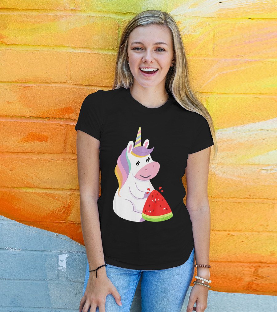 Unicorn Eating Watermelon With Rainbow Mane Novelty T-Shirt