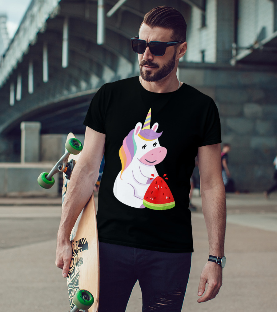Unicorn Eating Watermelon With Rainbow Mane Novelty T-Shirt