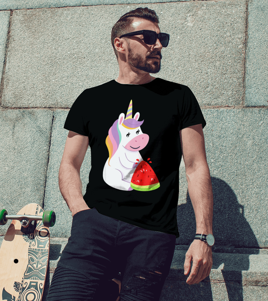 Unicorn Eating Watermelon With Rainbow Mane Novelty T-Shirt