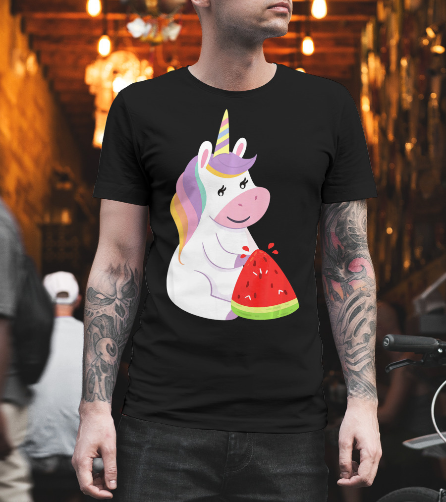 Unicorn Eating Watermelon with Rainbow Mane Novelty T-Shirt