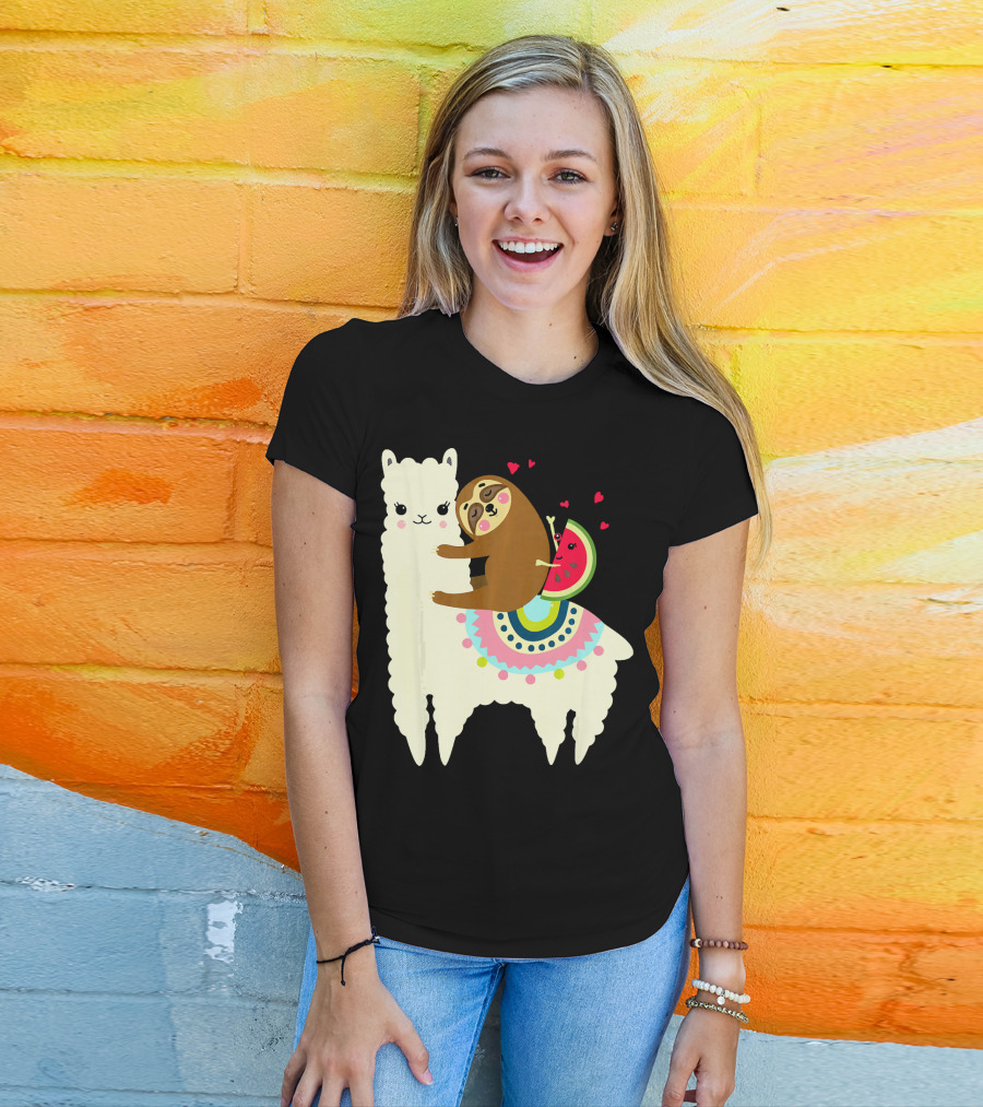 Sloth Hugging Watermelon With Hearts On Colorful Llama T-Shirt