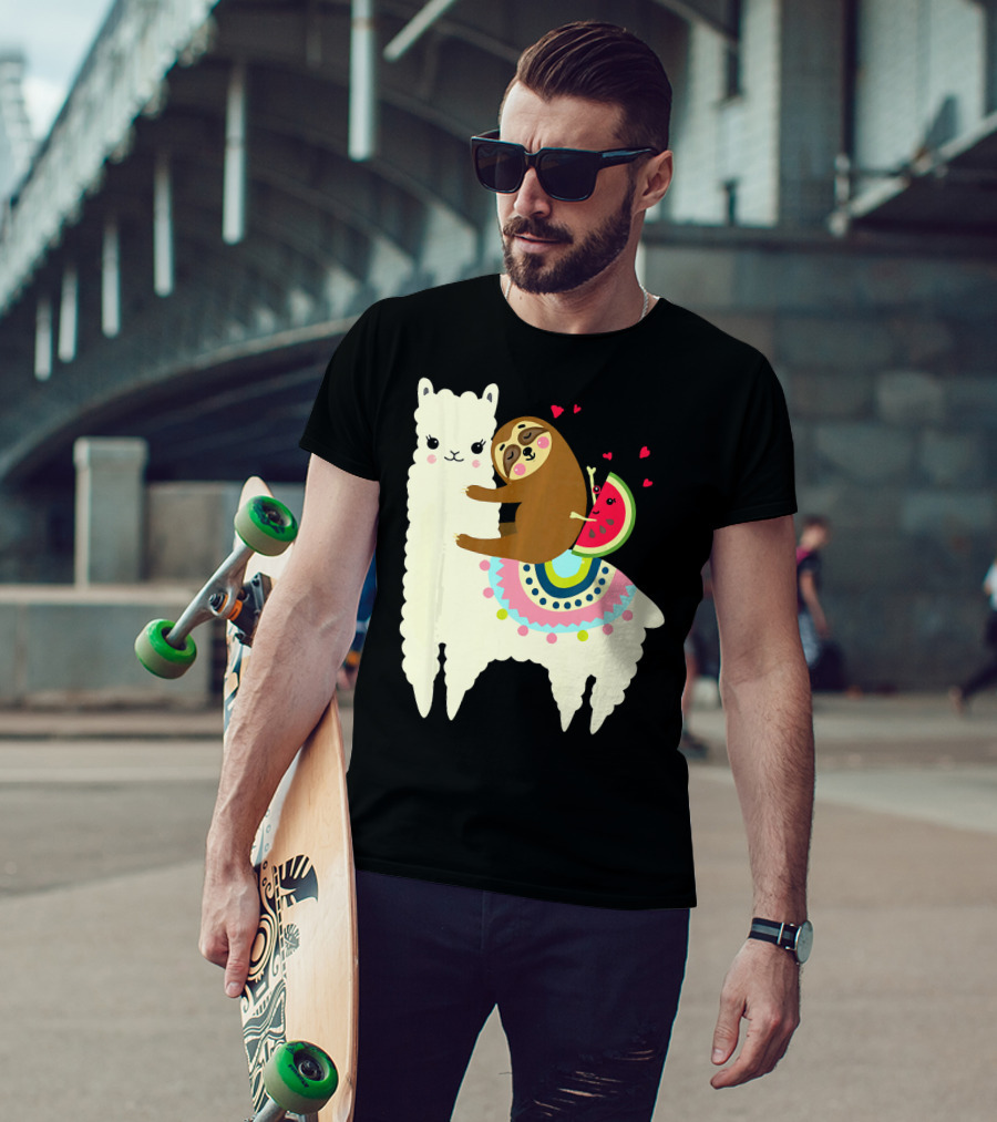 Sloth Hugging Watermelon With Hearts On Colorful Llama T-Shirt