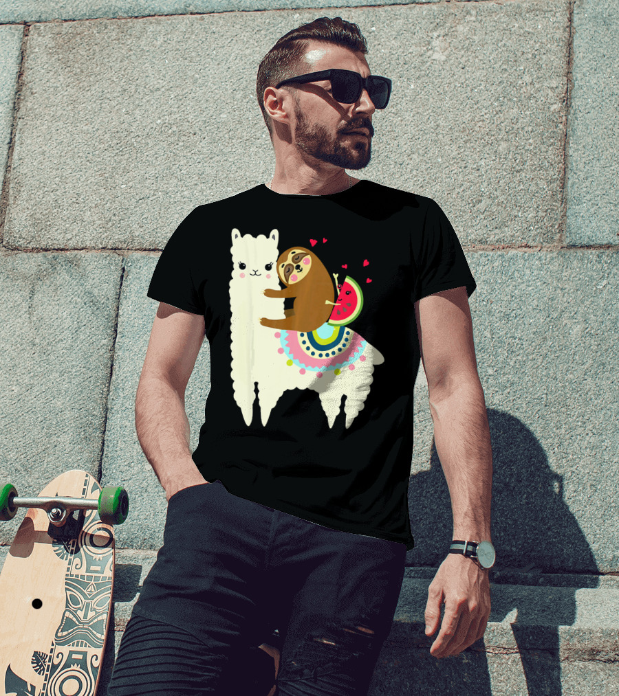Sloth Hugging Watermelon With Hearts On Colorful Llama T-Shirt