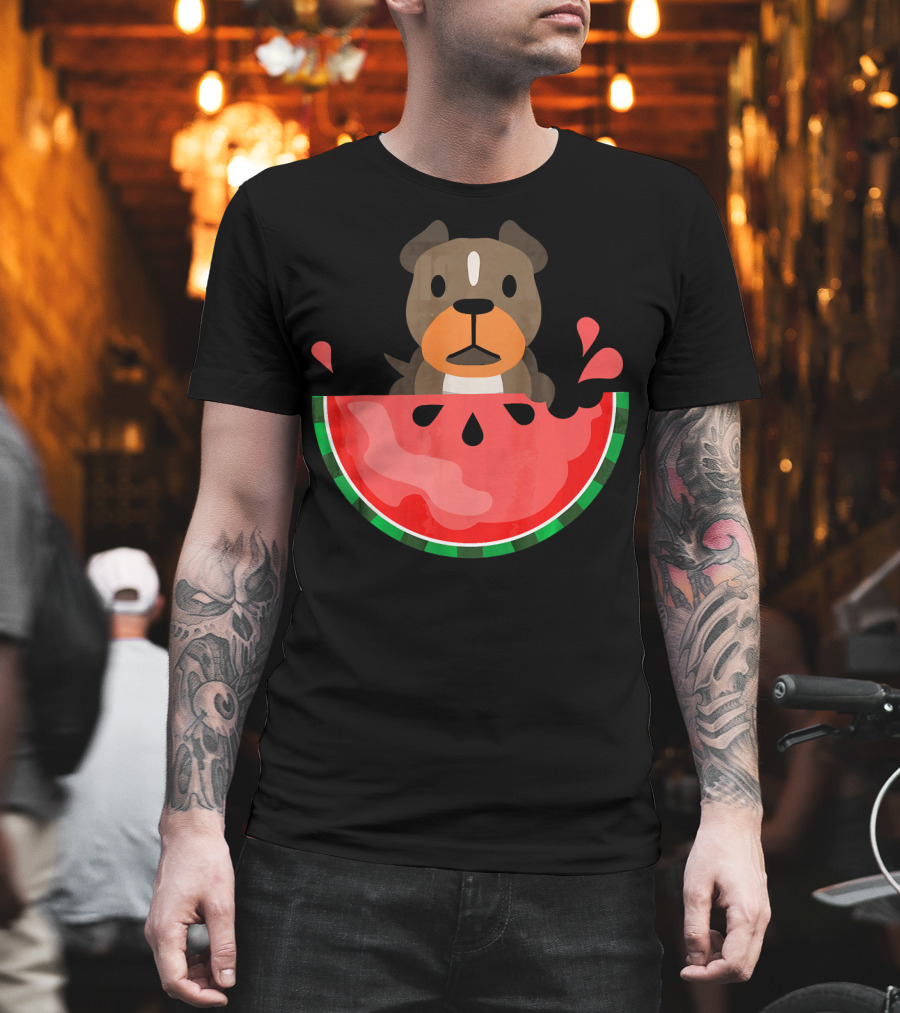 Playful Pit Bull In Watermelon Splash For Summer Vibes T-Shirt