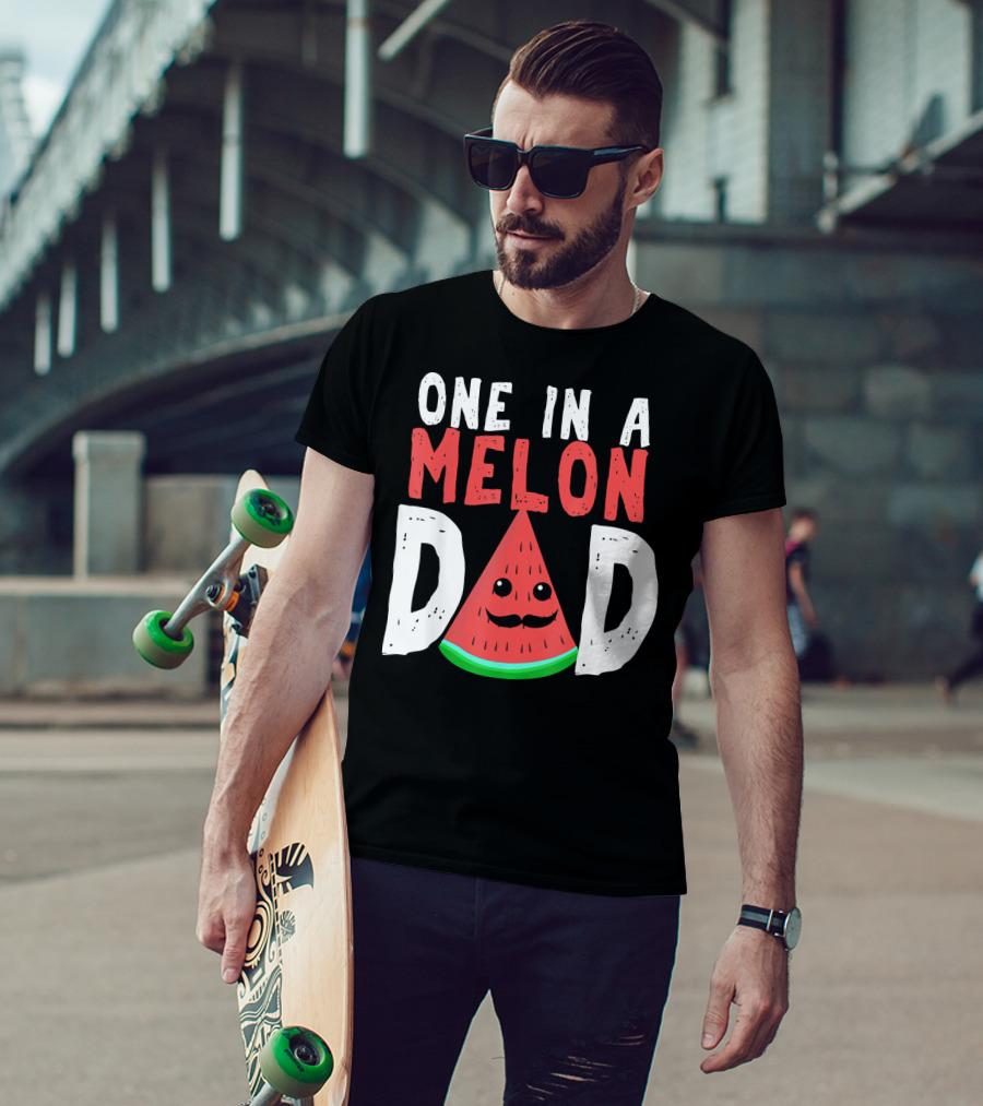 One In A Melon Dad Funny Watermelon Mustache Smiling Block Letters T-Shirt