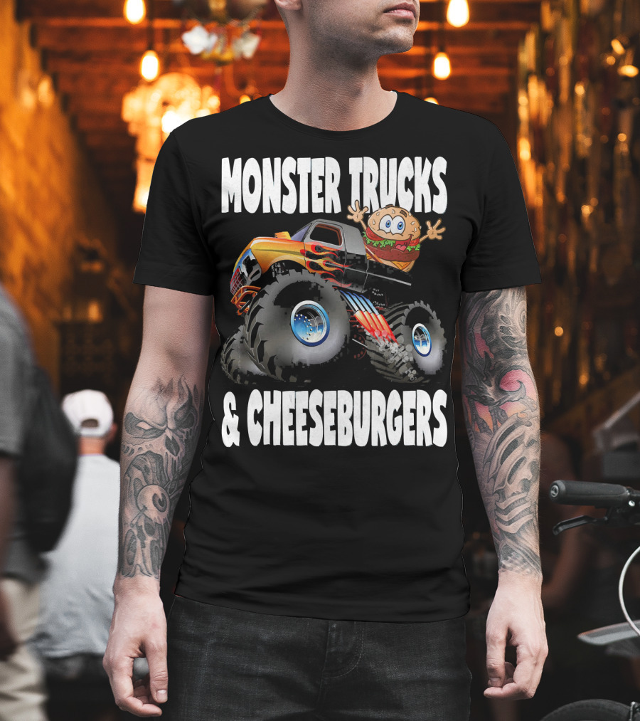 Monster Trucks and Cheeseburgers with Cartoon Cheeseburger Driver T-Shirt