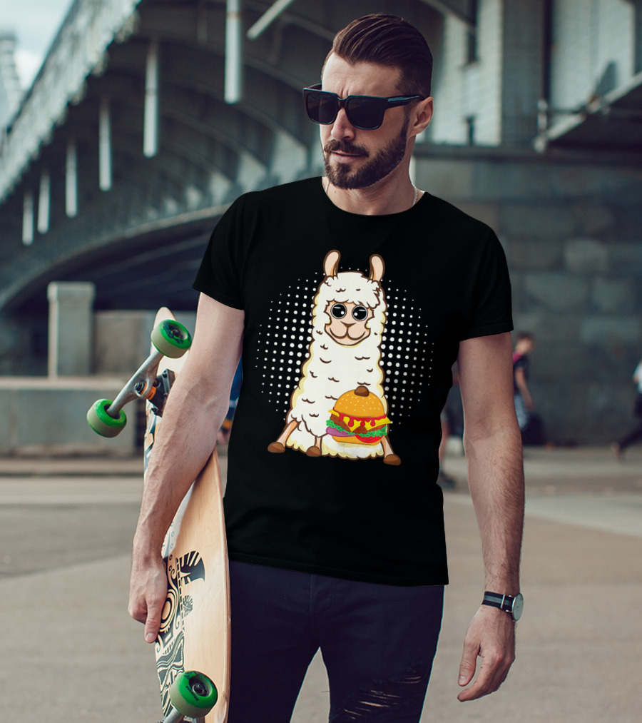 Llama Surprise Funny Sitting With Giant Burger T-Shirt