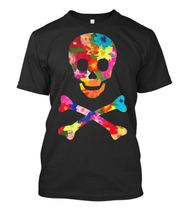 Flower Skull And Crossbones Funky Pirate Multicolor Floral T-Shirt