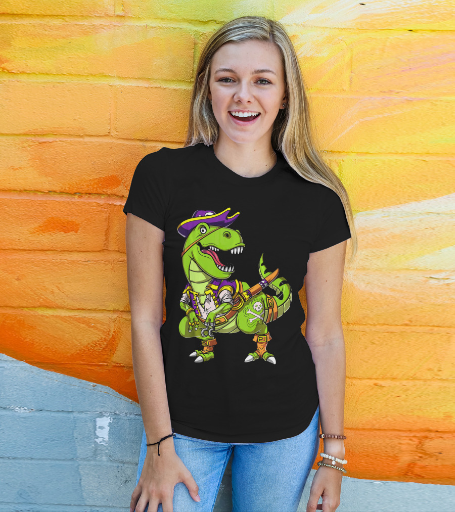 T Rex Dinosaur Pirate Captain With Hat And Hook In Green And Purple T-Shirt