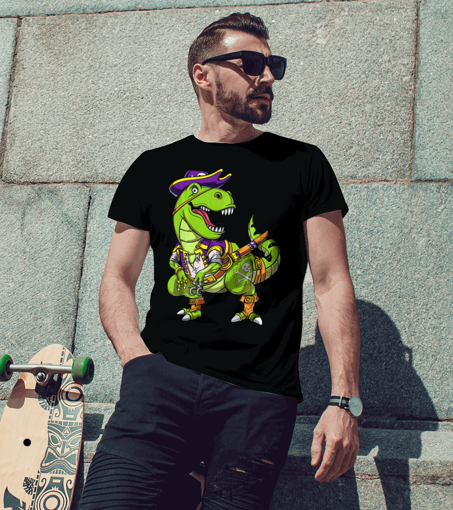 T Rex Dinosaur Pirate Captain With Hat And Hook In Green And Purple T-Shirt