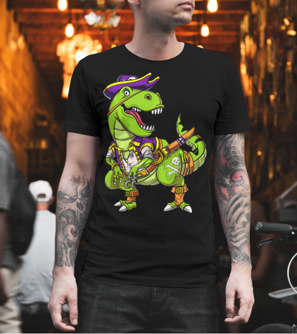T Rex Dinosaur Pirate Captain with Hat and Hook in Green and Purple T-Shirt T Rex Dinosaur Pirate Captain with Hat and Hook in Green and Purple T-Shirt
