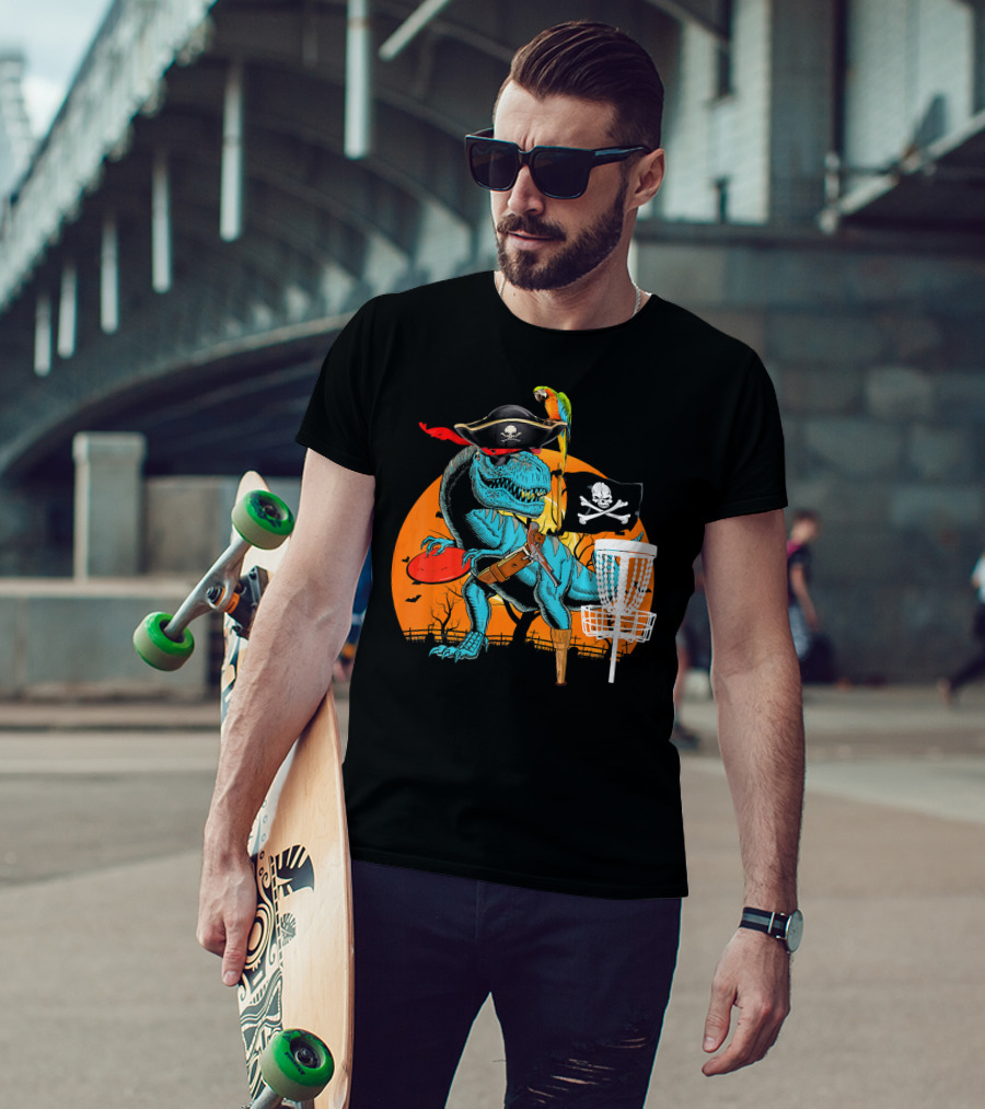 Jolly Roger Pirate Dinosaur Disc Golf Adventure T-Shirt