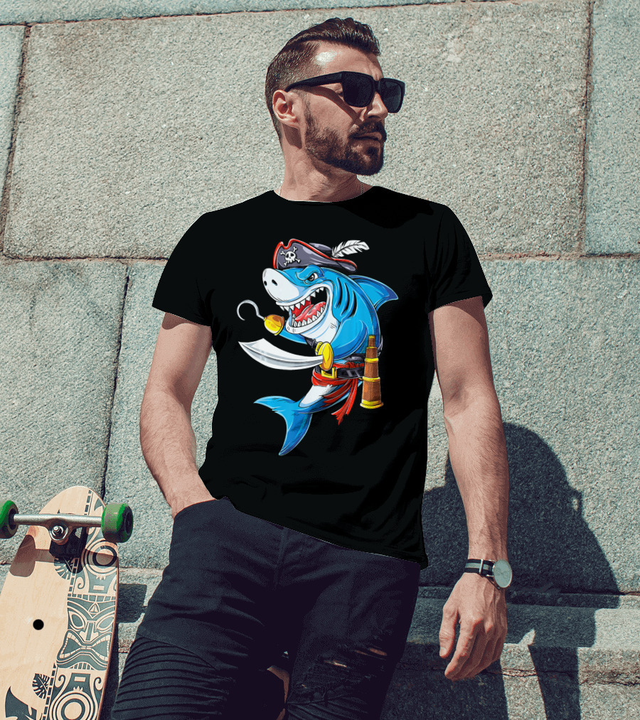 Shark Pirate Costume Jolly Roger Flag With Hook And Sword T-Shirt