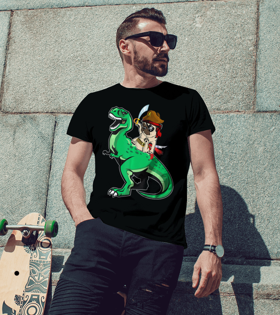 Pirate Pug Riding Rex Dinosaur With Sword And Hat T-Shirt