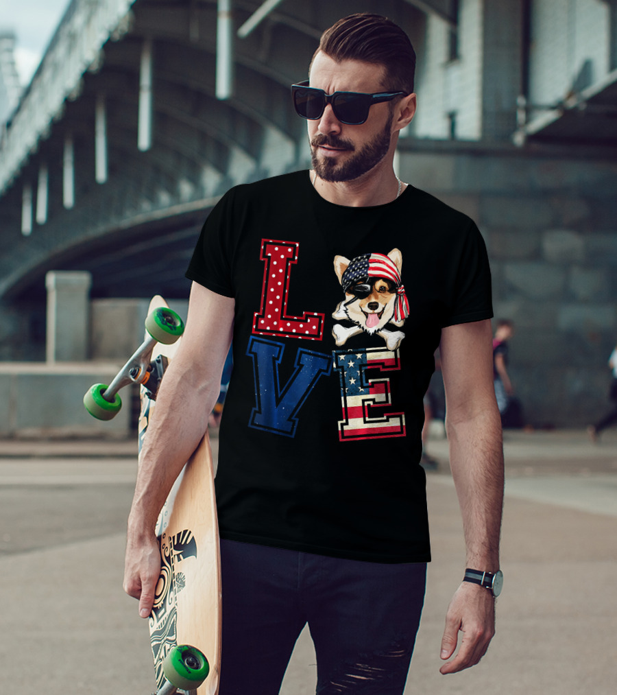 LOVE Corgi Pirate Face With American Flag Bandana And Lettering T-Shirt