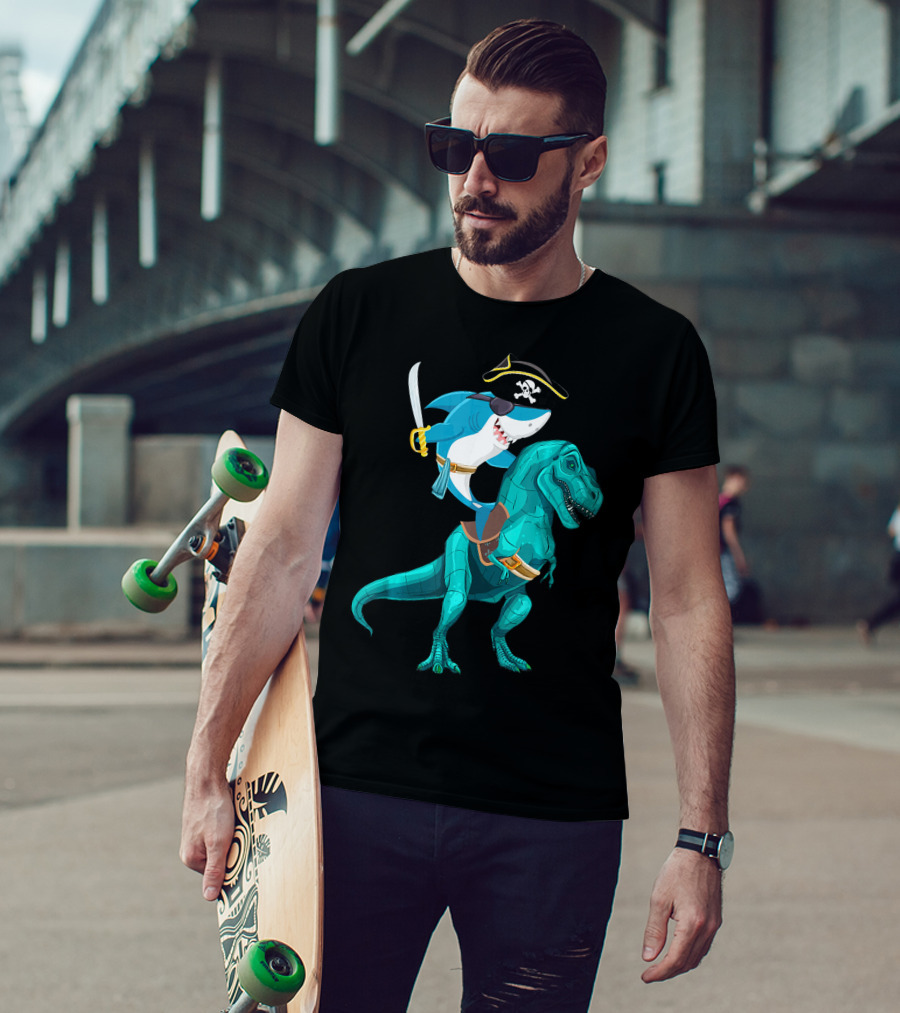 Shark Pirate On T-Rex For Kids Boys Sons T-Shirt