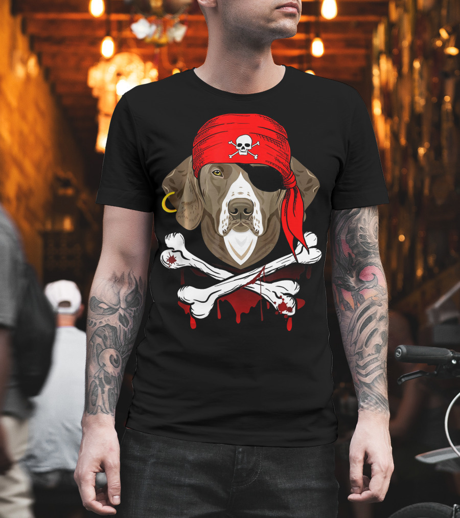 Weimaraner Dog Dad In Pirate Costume With Skull And Crossbones Bandana T-Shirt