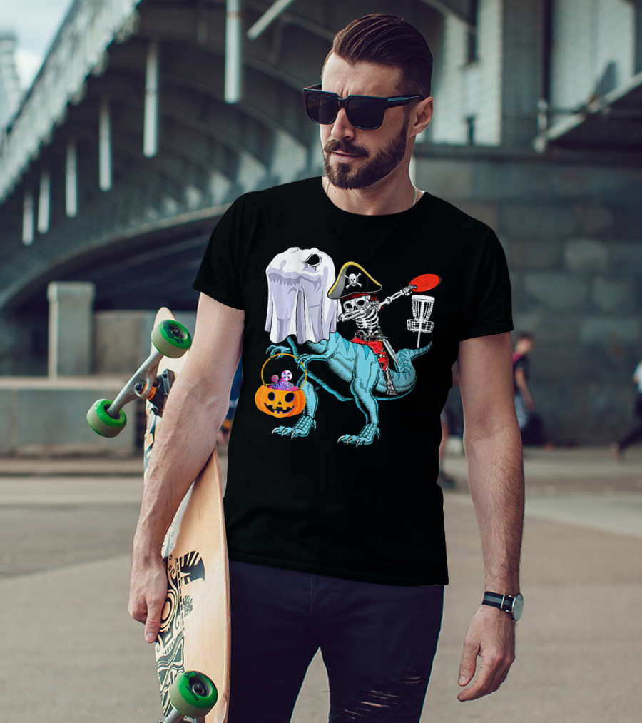 Dab Jolly Roger Skeleton Pirate On Dinosaur With Ghost Pumpkin And Frisbee T-Shirt