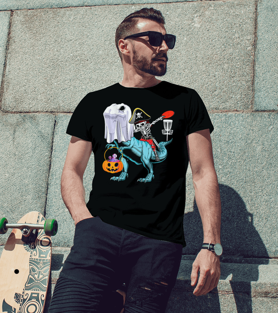 Dab Jolly Roger Skeleton Pirate On Dinosaur With Ghost Pumpkin And Frisbee T-Shirt