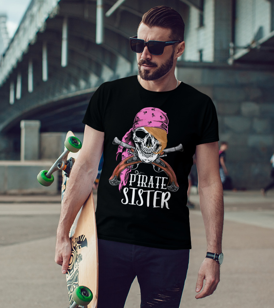 Pirate Sister Skull With Pink Bandana And Crossed Pistols T-Shirt