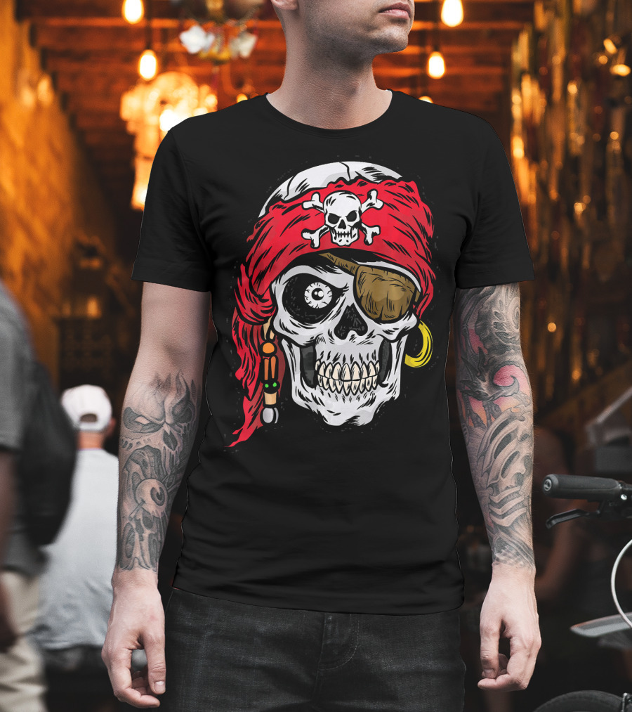 Pirate Skull with Red Bandana and Crossbones Eye Patch Jolly Roger T-Shirt