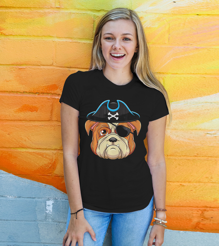 English Bulldog Pirate Hat Eye Patch Skull Crossbones T-Shirt