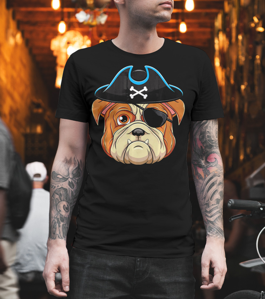 English Bulldog Pirate Hat Eye Patch Skull Crossbones T-Shirt