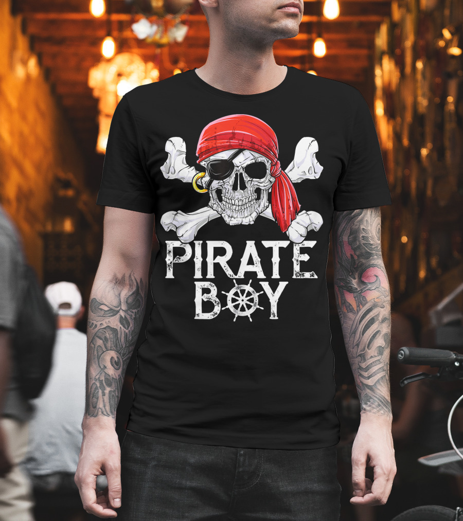 Pirate Boy Jolly Roger Skull With Red Bandana And Crossbones T-Shirt