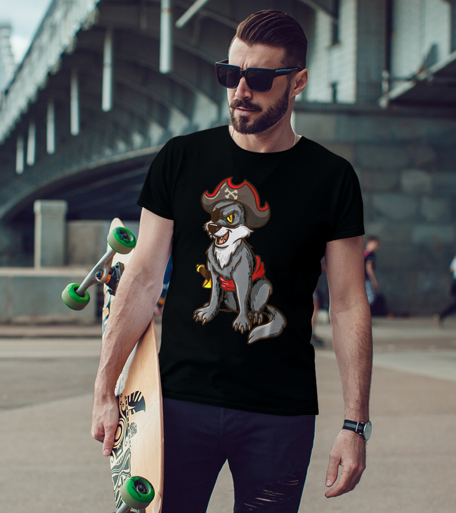 Pirate Wolf Halloween Party Costume With Sword And Hat T-Shirt