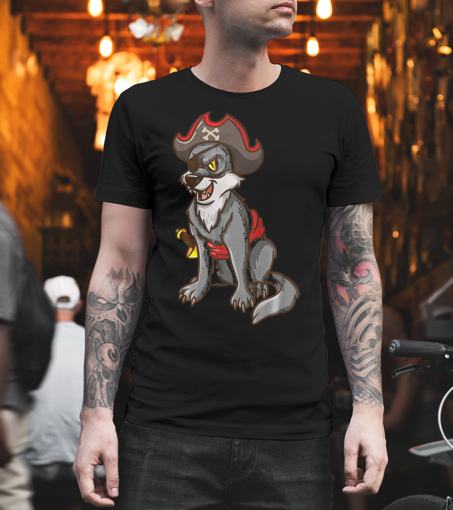 Pirate Wolf Halloween Party Costume With Sword And Hat T-Shirt