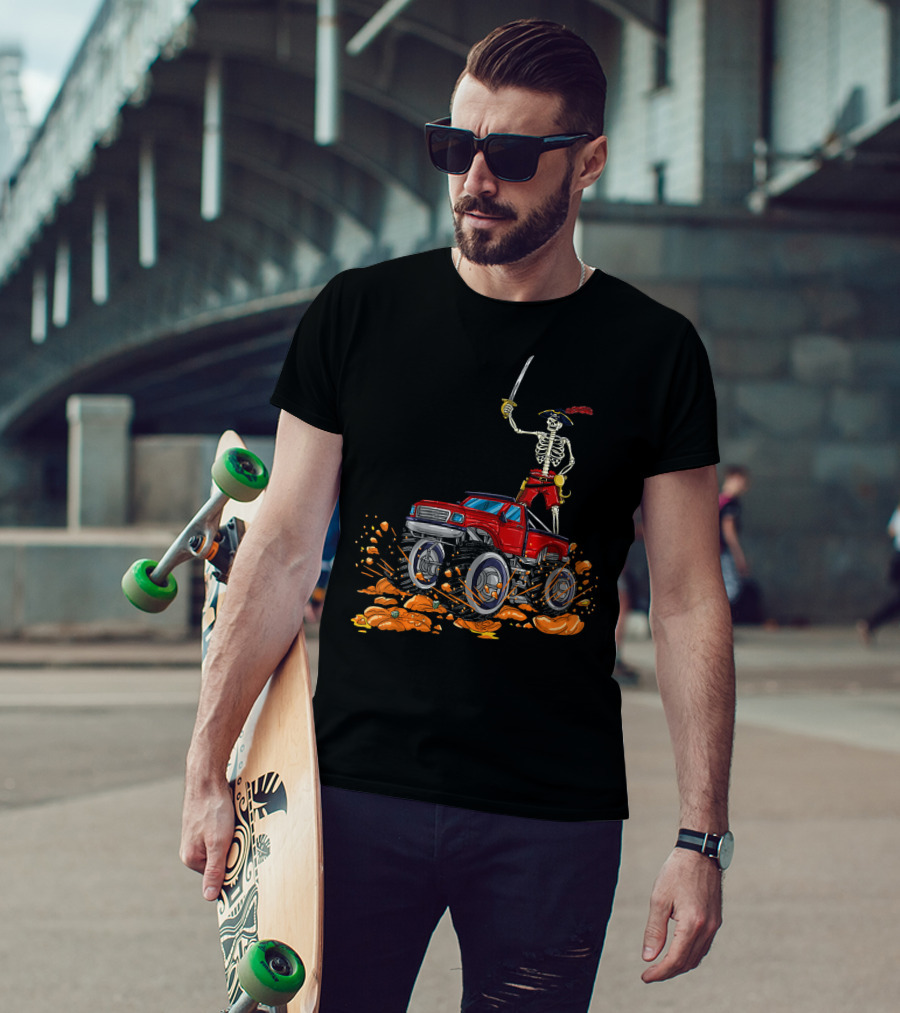 Halloween Skeleton Pirate Riding Monster Truck Over Pumpkins T-Shirt
