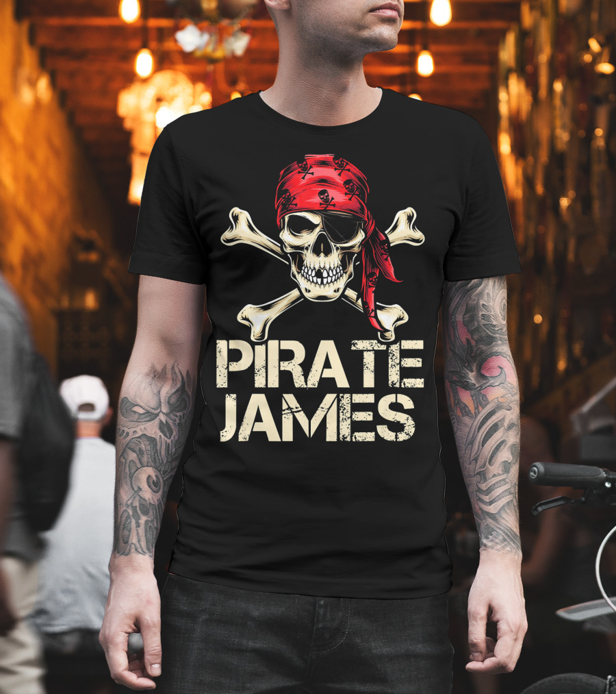 PIRATE JAMES Skull Crossbones Red Bandana Birthday T-Shirt