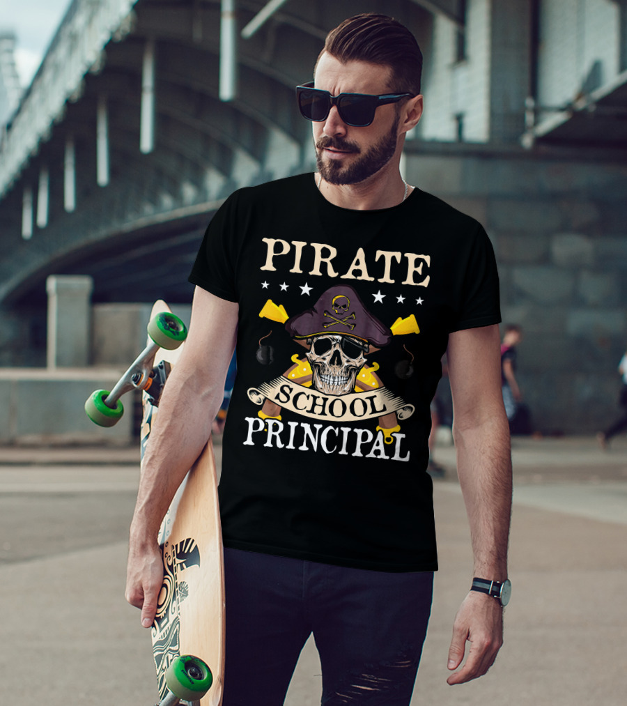 Pirate Skull Crossbones Hat School Principal Banner Swords Bombs T-Shirt