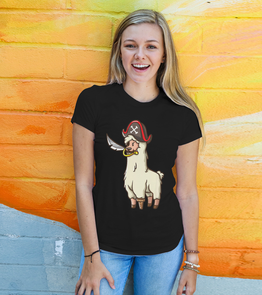 Pirate Llama With Hat And Sword Halloween Party T-Shirt