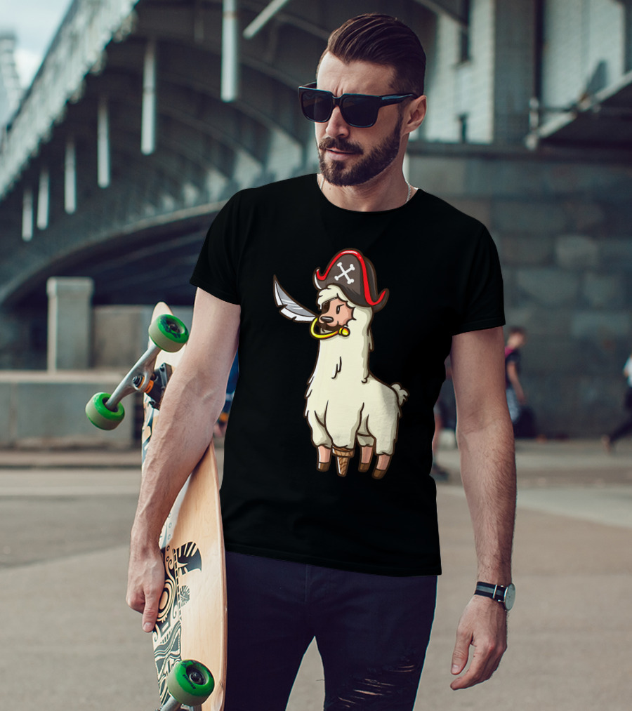 Pirate Llama With Hat And Sword Halloween Party T-Shirt