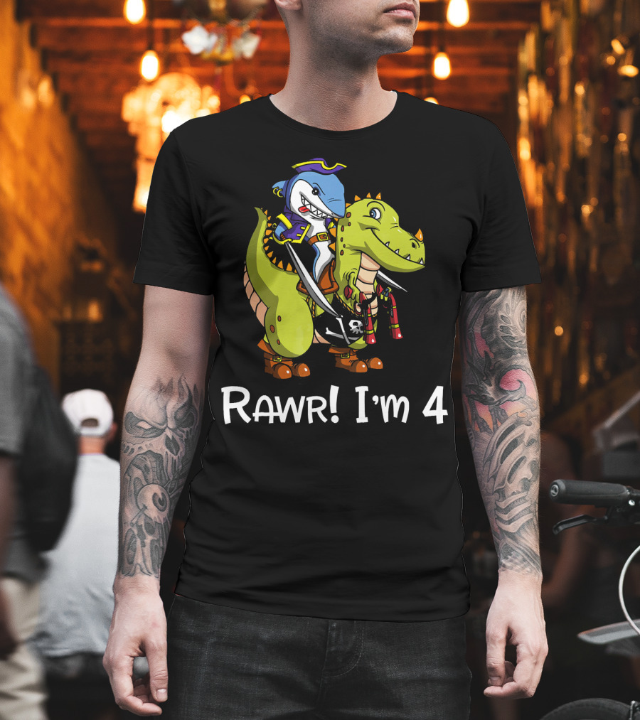 Rawr Dinosaur Shark Pirate Birthday Party I'm 4 T-Shirt