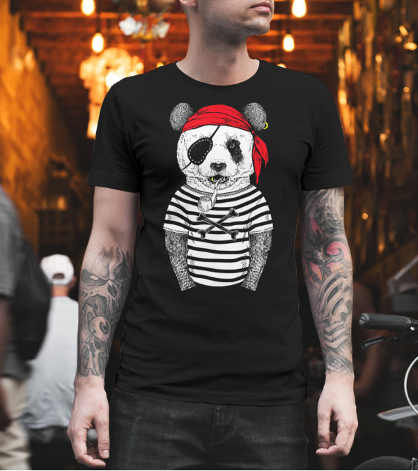 Panda Bear Pirate Wearing Striped Shirt with Red Bandana and Eye Patch T-Shirt Panda Bear Pirate Wearing Striped Shirt with Red Bandana and Eye Patch T-Shirt