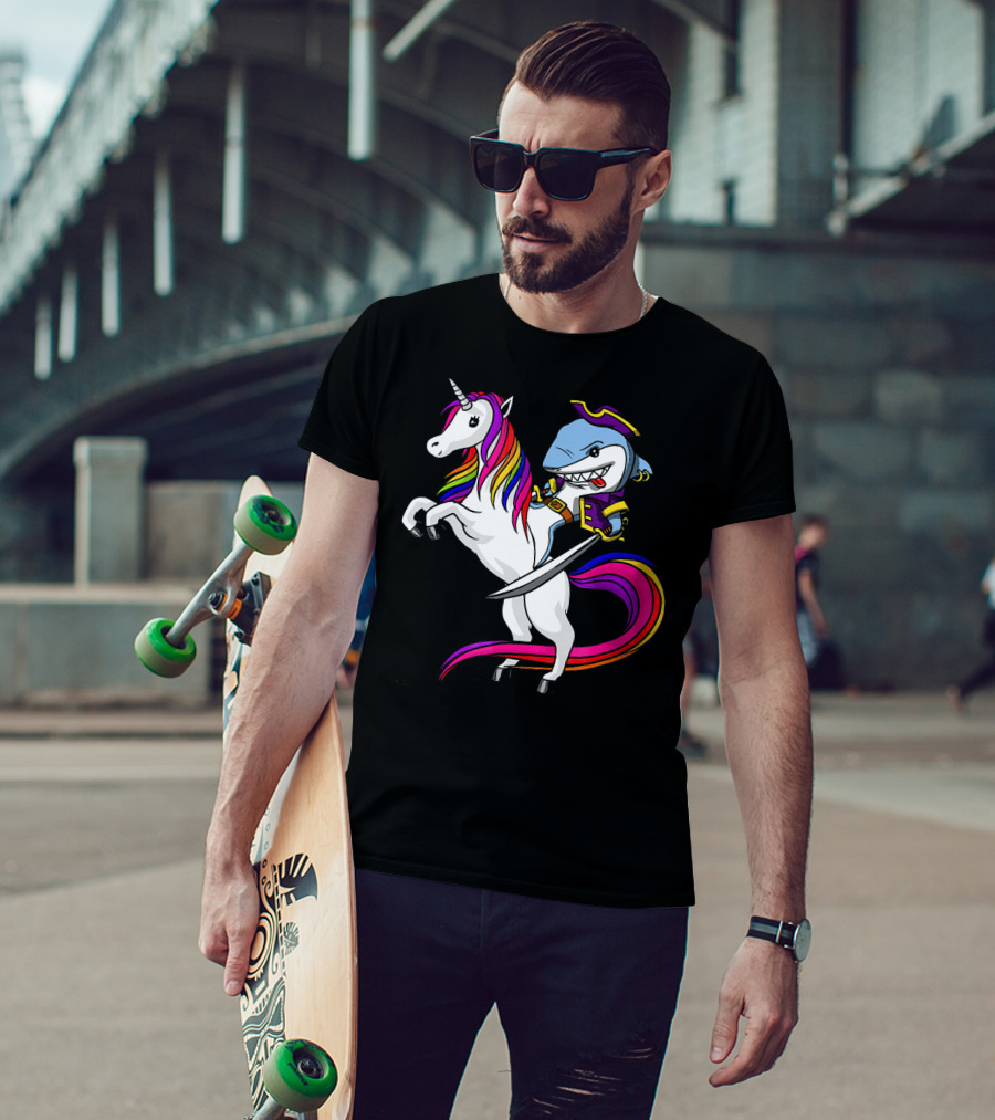 Shark Pirate Riding Rainbow Unicorn Magical Adventure T-Shirt