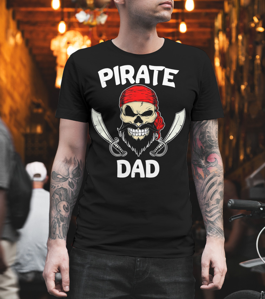 Pirate Dad Skull with Beard and Crossed Swords Halloween T-Shirt