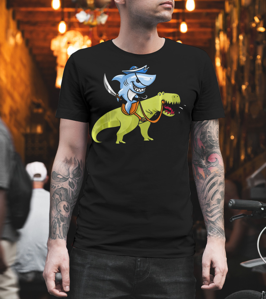 Shark Pirate Riding T-Rex Dinosaur Fun Adventure T-Shirt