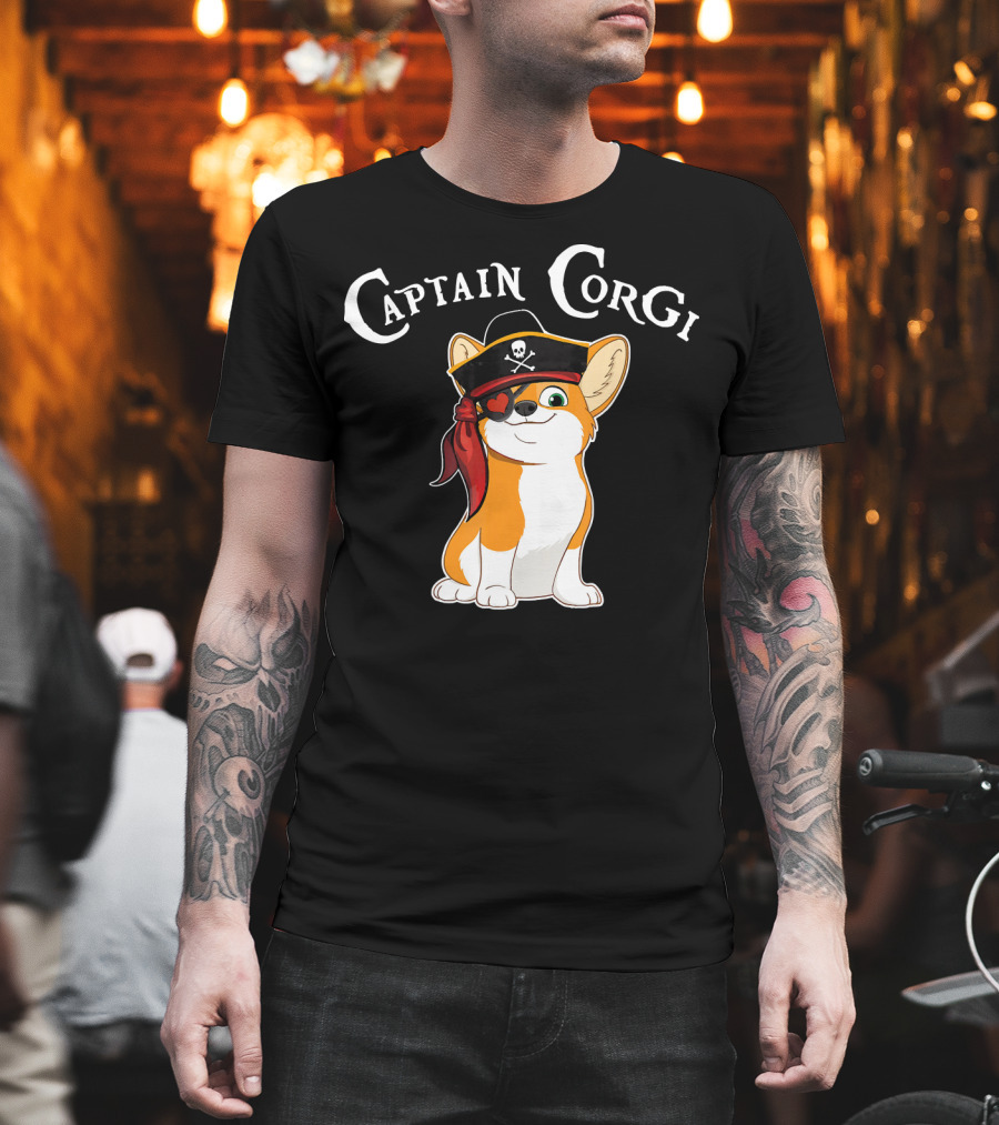 Captain Corgi Pirate Dog with Eyepatch and Skull Hat T-Shirt