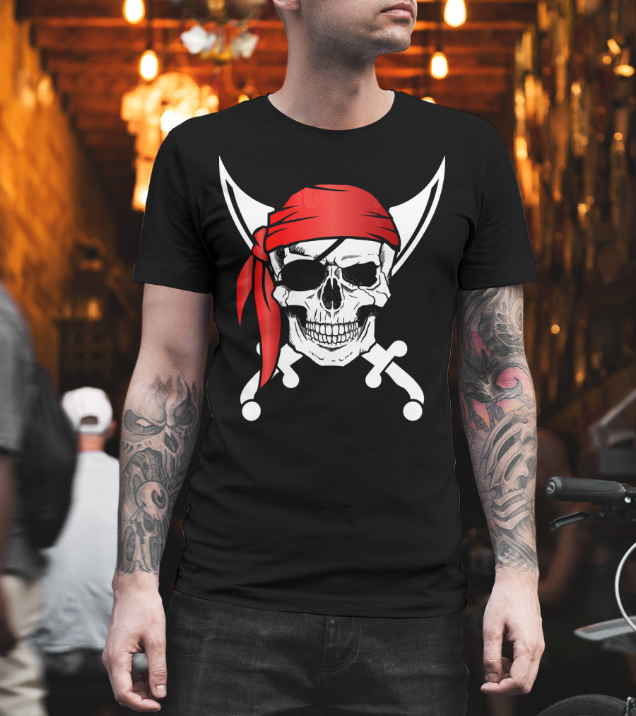 Pirate Skull Red Bandana Crossed Knives Iconic T-Shirt