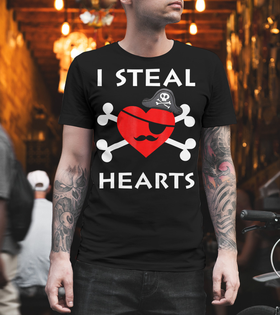 I Steal Hearts Valentine Day Pirate Eyepatch Skull Crossbones T-Shirt