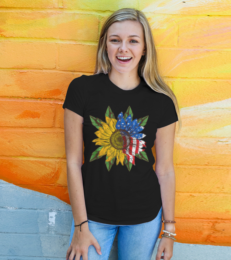 Hippie Peace American Flag Sunflower T-Shirt