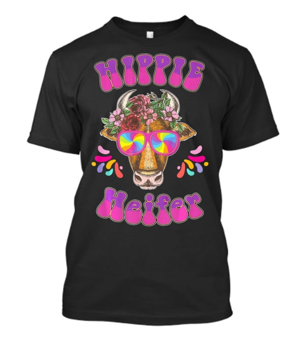 Hippie Heifer Peace Vintage Retro Cow With Floral Crown And Psychedelic Glasses T-Shirt