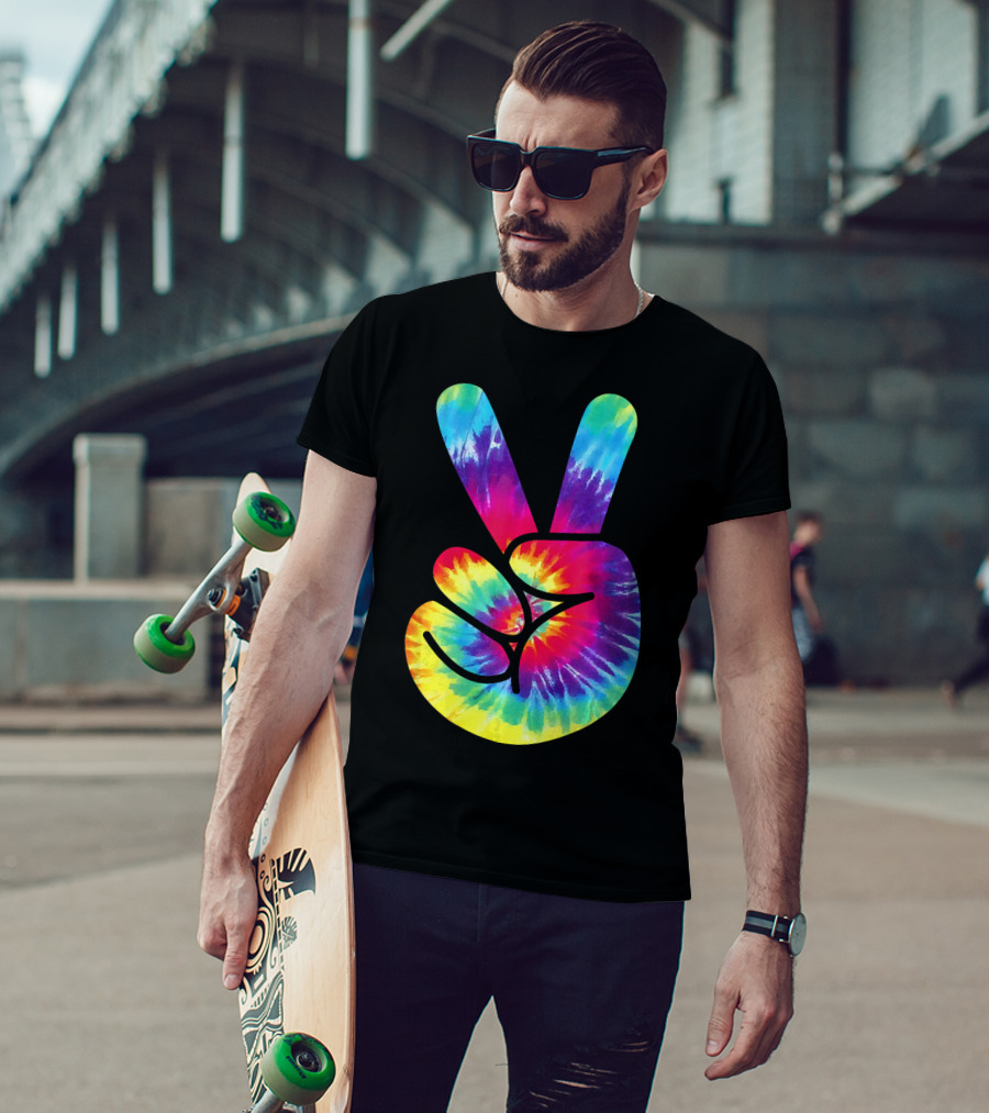 Groovy Tie Dye Peace Sign Two Finger Gesture T-Shirt