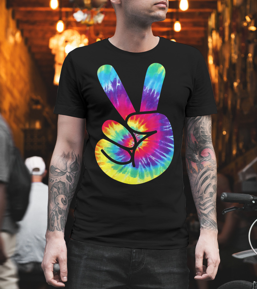 Groovy Tie Dye Peace Sign Two Finger Gesture T-Shirt