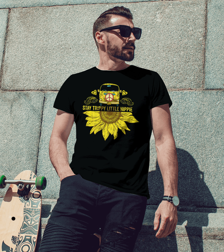 Stay Trippy Little Hippie Peace Sign Bus With Sunflower And Hearts T-Shirt