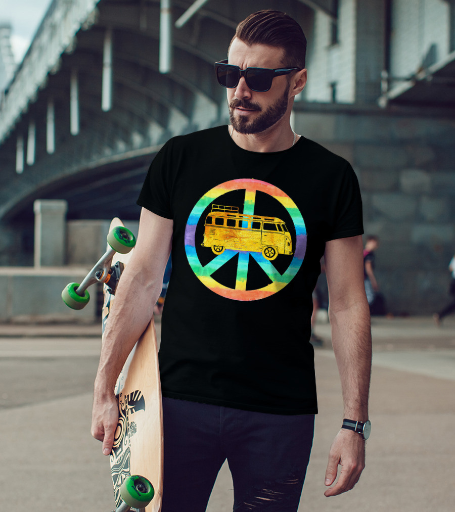 Vintage Hippie Bus Rainbow Van Peace Sign T-Shirt